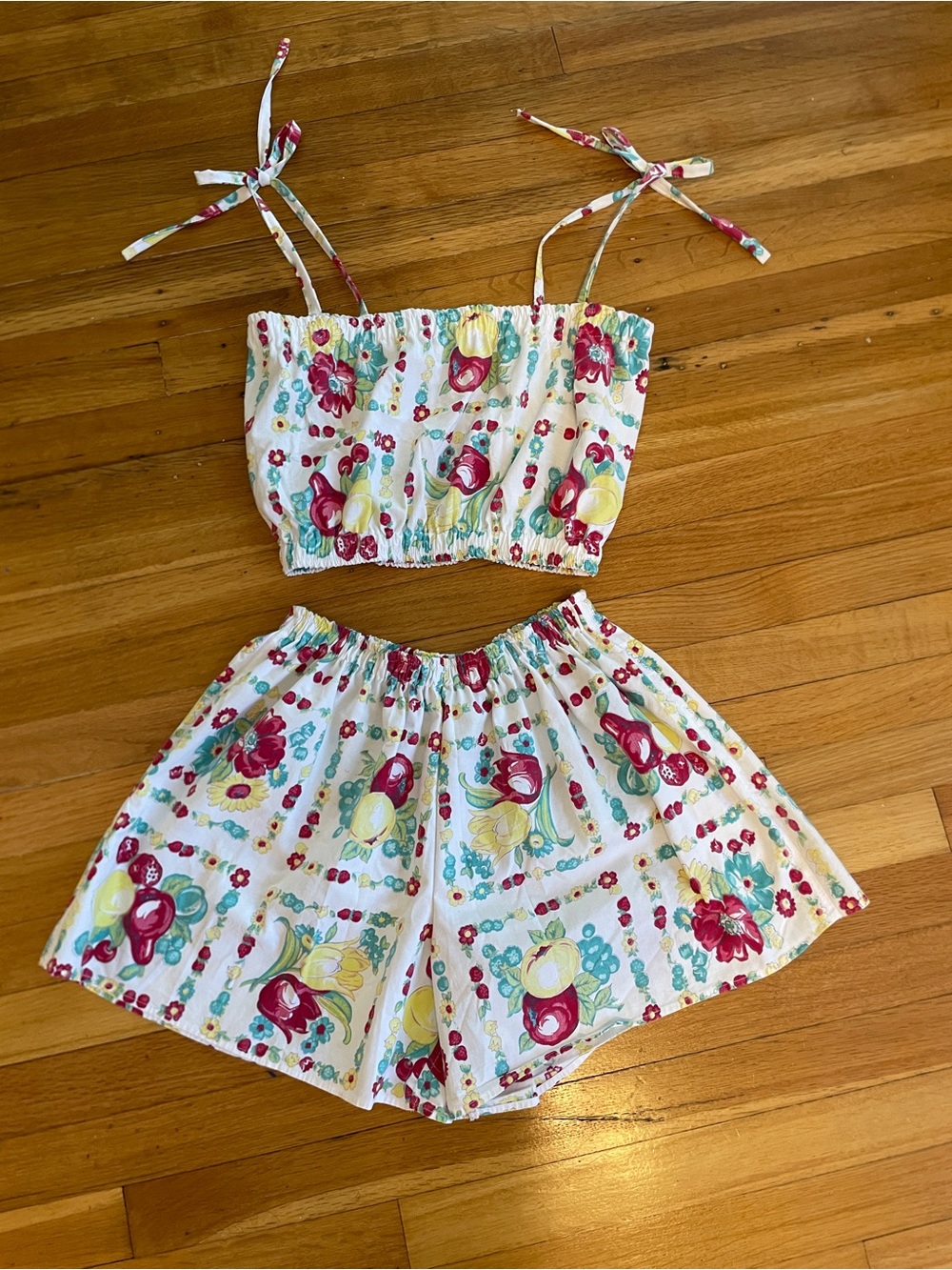 Handmade Floral Tie-Shoulder Crop Top and Shorts Set - Adorable Fruit and Floral